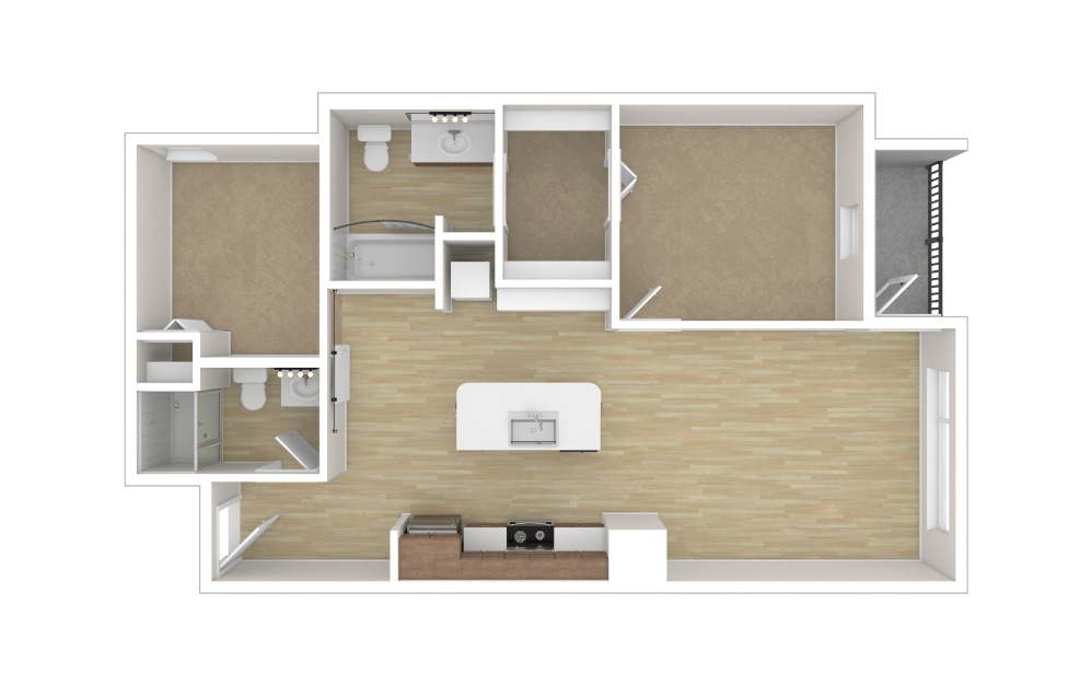 ONE TWO DEN A - 1 bedroom floorplan layout with 2 baths and 814 to 863 square feet.