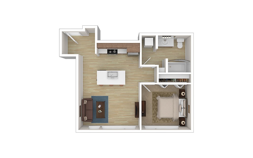 OPEN ONE B – Income Limited - 1 bedroom floorplan layout with 1 bath and 590 to 595 square feet.